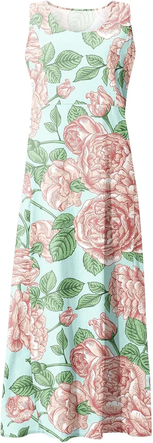 Dresses for Women 2025 Beach Floral Printed Cotton Linen Dresses with Pockets Sleeveless Casual Flowy Maxi Dress