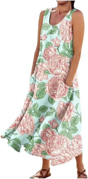 Dresses for Women 2025 Beach Floral Printed Cotton Linen Dresses with Pockets Sleeveless Casual Flowy Maxi Dress