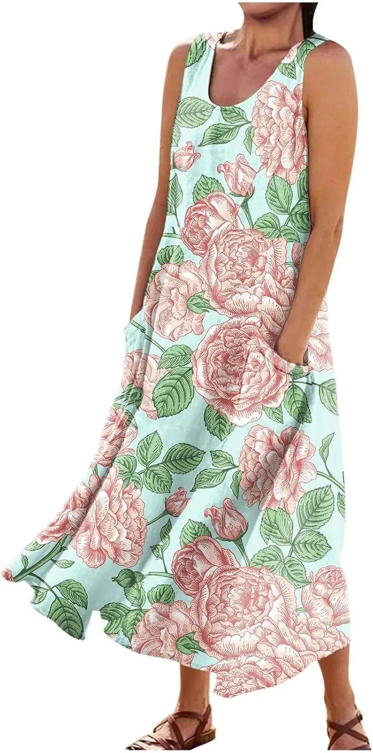 Dresses for Women 2025 Beach Floral Printed Cotton Linen Dresses with Pockets Sleeveless Casual Flowy Maxi Dress