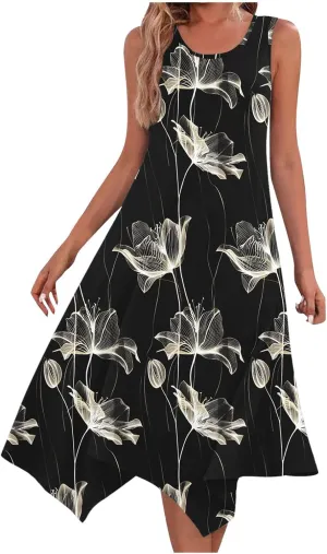 Dresses for Women 2025 Casual Summer Printed Sleeveless Crew Neck Flowy Sundersses Patchwork Beach Vacation Sundress