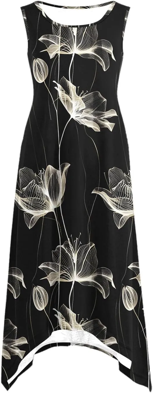 Dresses for Women 2025 Casual Summer Printed Sleeveless Crew Neck Flowy Sundersses Patchwork Beach Vacation Sundress