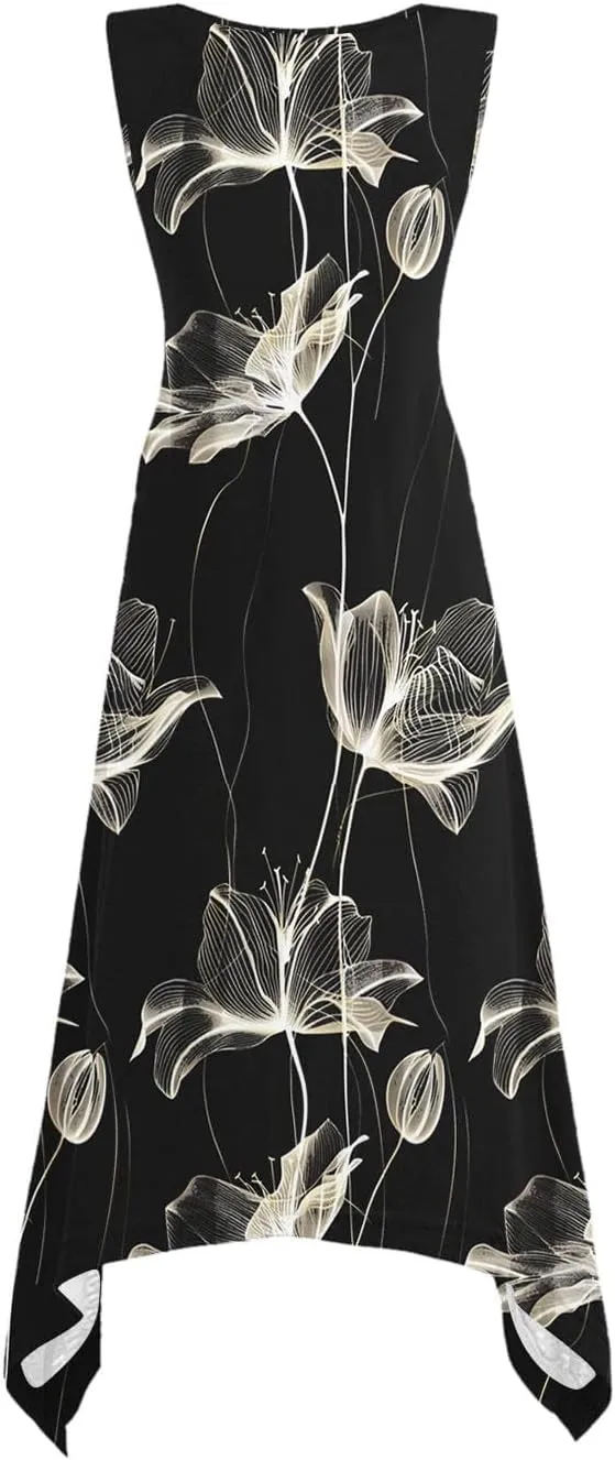 Dresses for Women 2025 Casual Summer Printed Sleeveless Crew Neck Flowy Sundersses Patchwork Beach Vacation Sundress