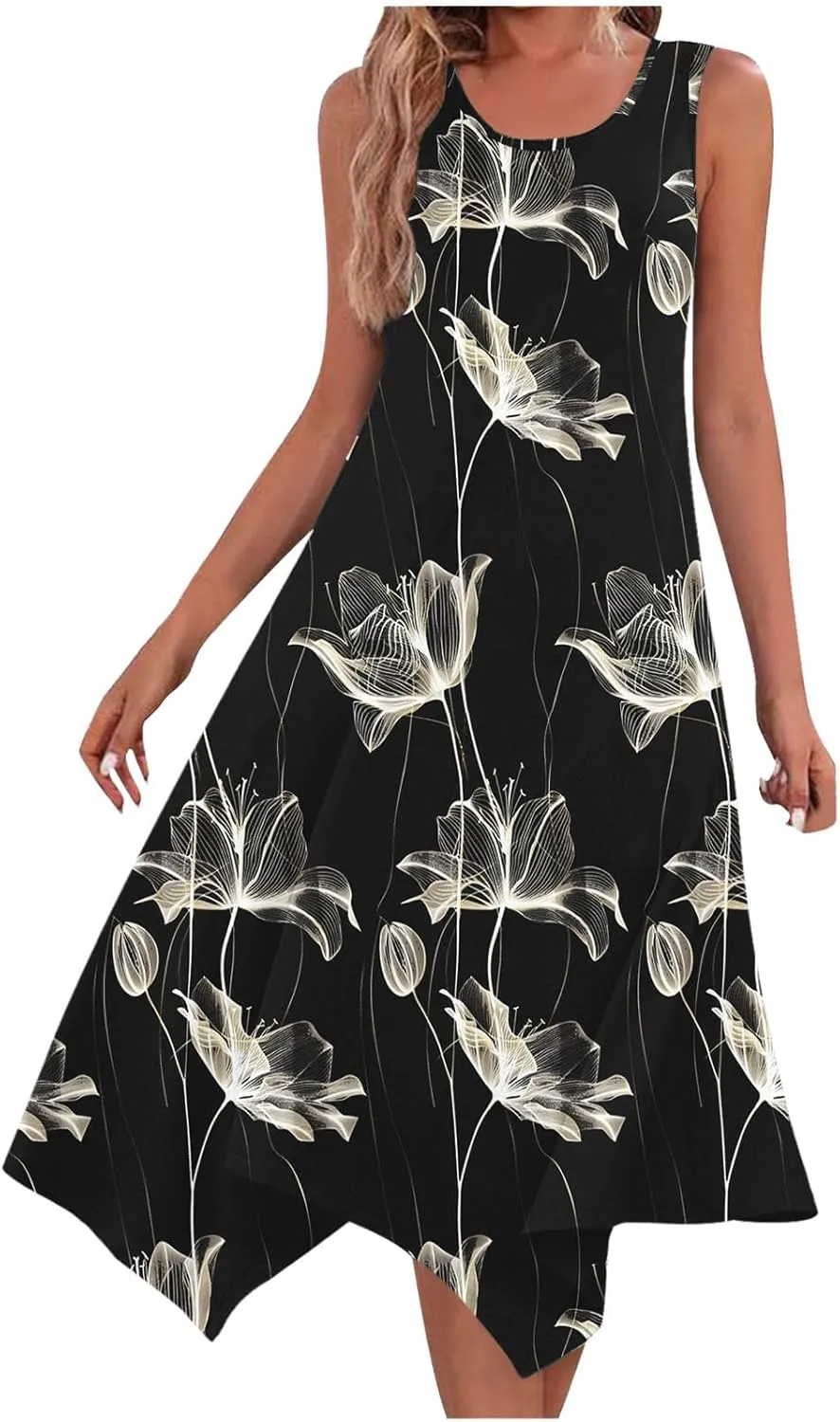 Dresses for Women 2025 Casual Summer Printed Sleeveless Crew Neck Flowy Sundersses Patchwork Beach Vacation Sundress