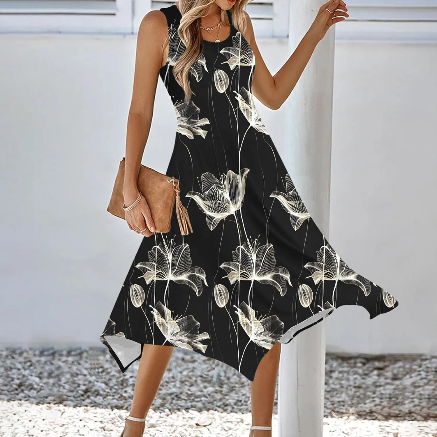 Dresses for Women 2025 Casual Summer Printed Sleeveless Crew Neck Flowy Sundersses Patchwork Beach Vacation Sundress