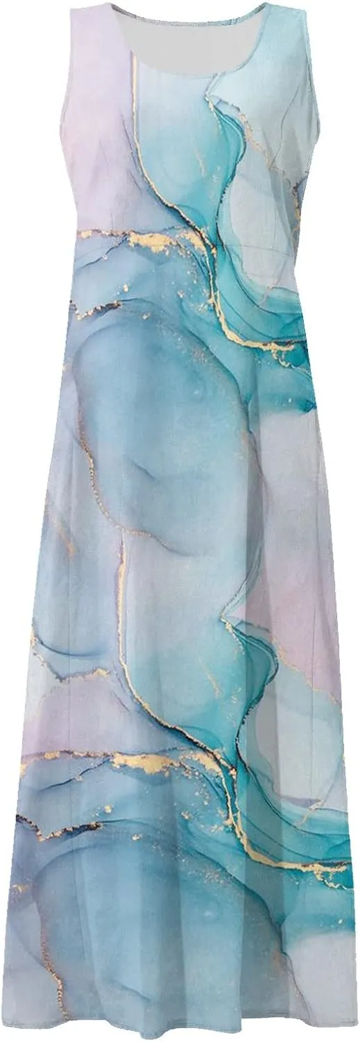 Dresses for Women 2025 Floral Print Sleeveless Beach Dress U Neck A-Line Boho Dress Casual Sundress with Pockets