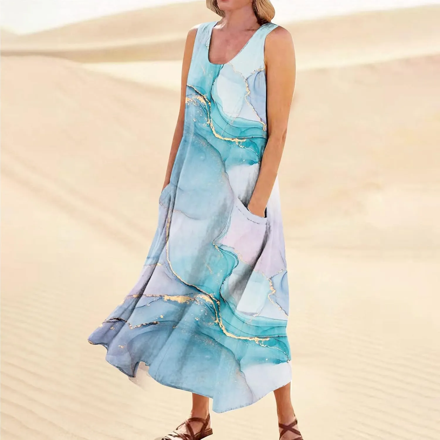 Dresses for Women 2025 Floral Print Sleeveless Beach Dress U Neck A-Line Boho Dress Casual Sundress with Pockets