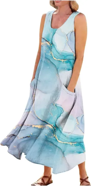 Dresses for Women 2025 Floral Print Sleeveless Beach Dress U Neck A-Line Boho Dress Casual Sundress with Pockets