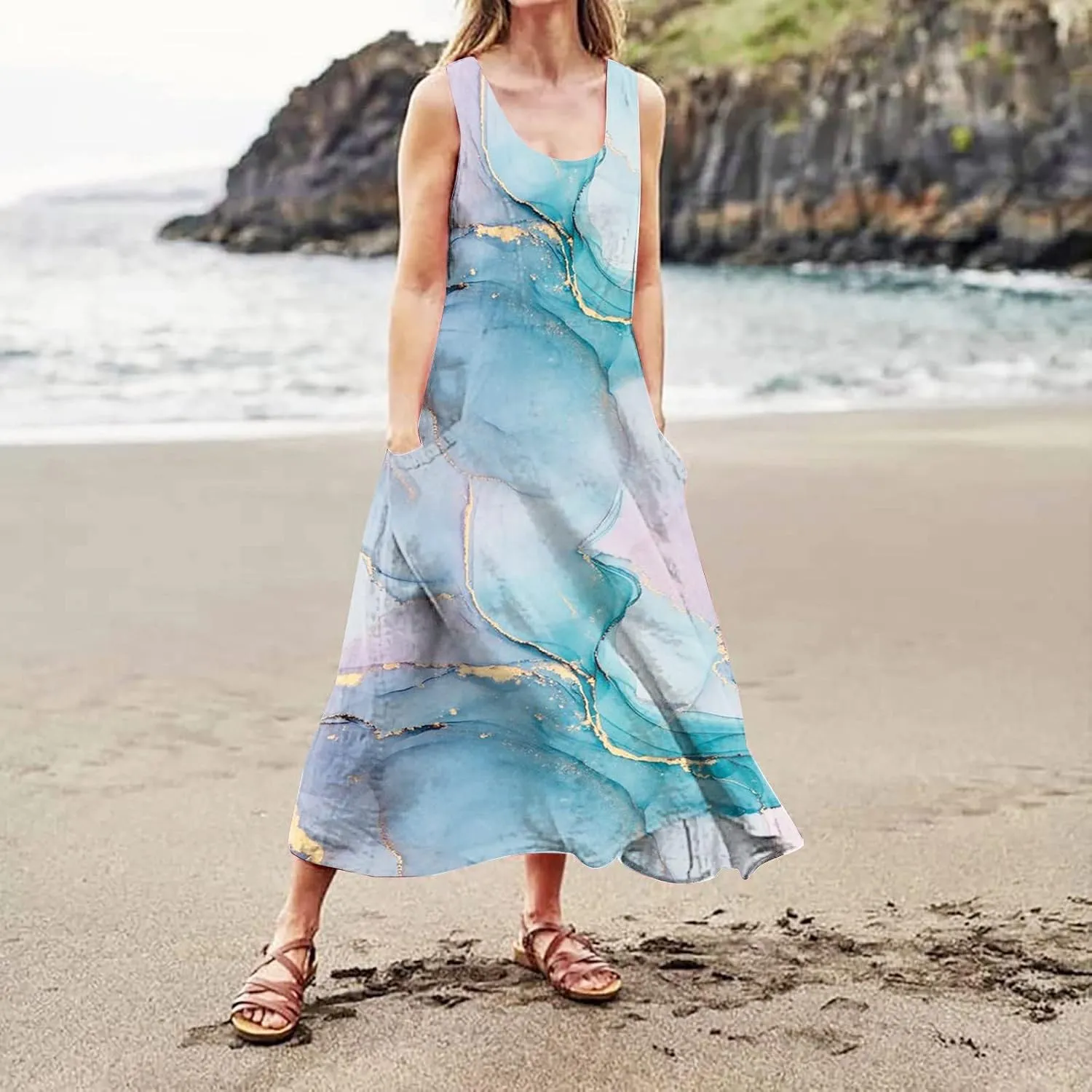 Dresses for Women 2025 Floral Print Sleeveless Beach Dress U Neck A-Line Boho Dress Casual Sundress with Pockets