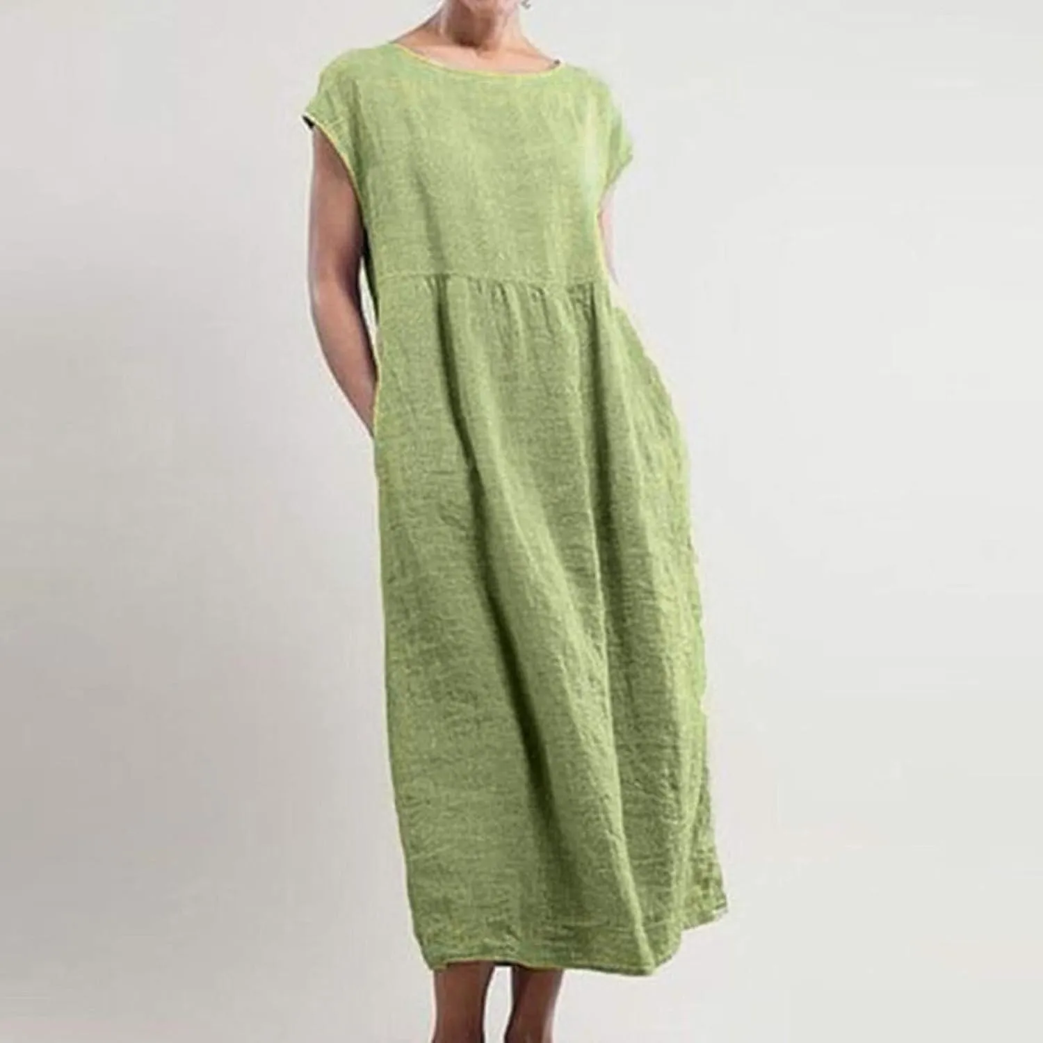 Dresses for Women 2025 Summer Plus Size Cotton Linen Solid Dress Crew Neck Loose Casual Beach Vacation Midi Dress
