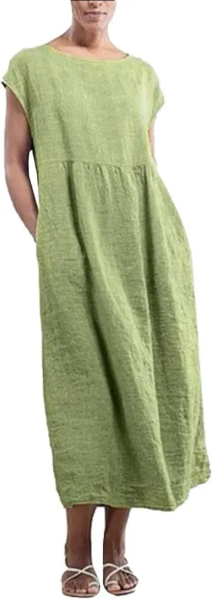 Dresses for Women 2025 Summer Plus Size Cotton Linen Solid Dress Crew Neck Loose Casual Beach Vacation Midi Dress