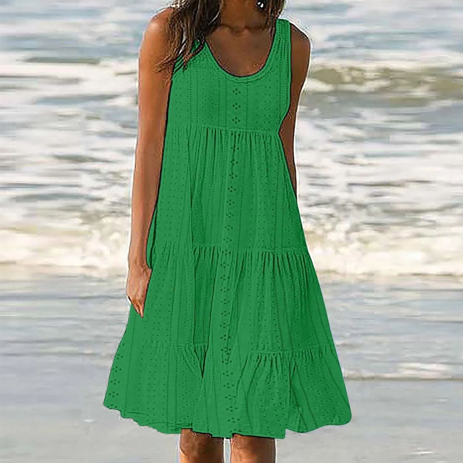 Dresses for Women Summer Casual Hollow Out Breathable Beach Sundresses Loose Fit Sleeveless Round Neck Vacation Dress