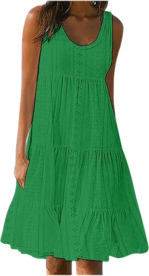 Dresses for Women Summer Casual Hollow Out Breathable Beach Sundresses Loose Fit Sleeveless Round Neck Vacation Dress