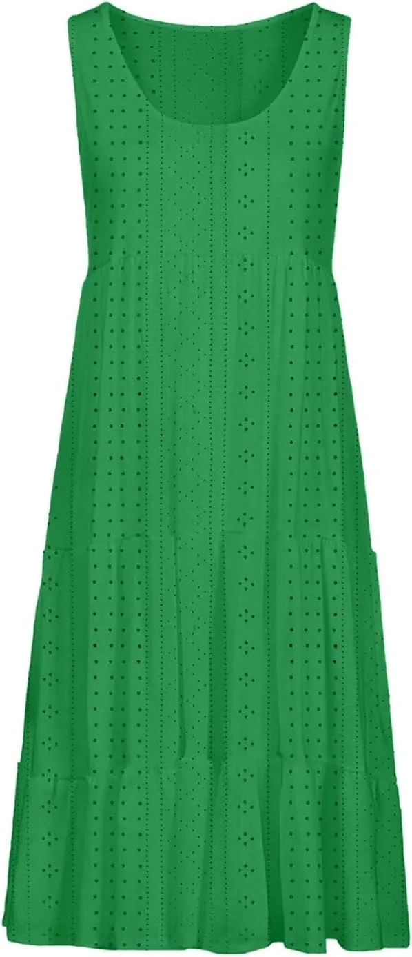 Dresses for Women Summer Casual Hollow Out Breathable Beach Sundresses Loose Fit Sleeveless Round Neck Vacation Dress