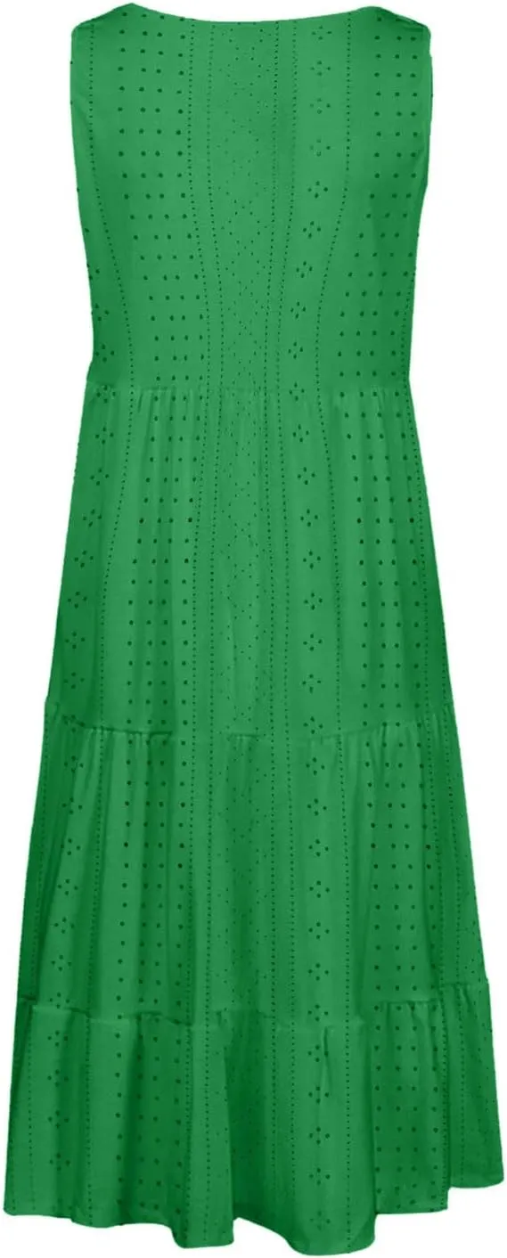 Dresses for Women Summer Casual Hollow Out Breathable Beach Sundresses Loose Fit Sleeveless Round Neck Vacation Dress