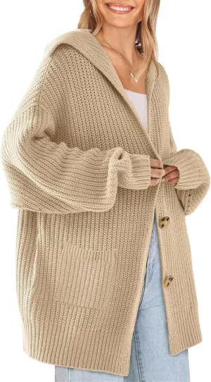 ebossy Women's Oversized Sailor Collar Button Cardigans Chunky Knit Long Sleeve Slouchy Sweaters Coat with Pockets