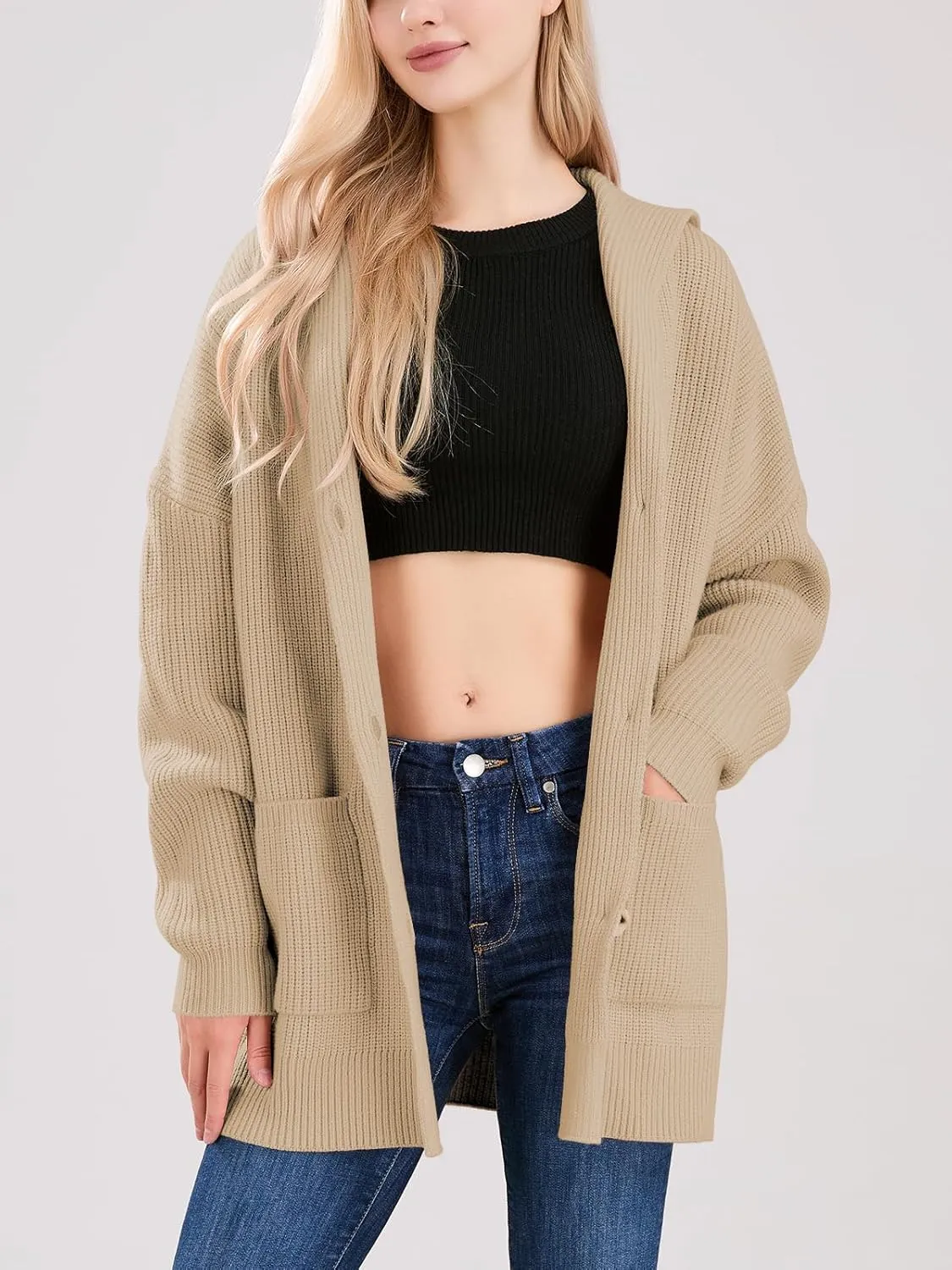 ebossy Women's Oversized Sailor Collar Button Cardigans Chunky Knit Long Sleeve Slouchy Sweaters Coat with Pockets