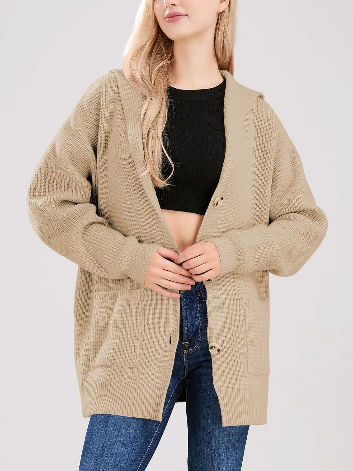 ebossy Women's Oversized Sailor Collar Button Cardigans Chunky Knit Long Sleeve Slouchy Sweaters Coat with Pockets