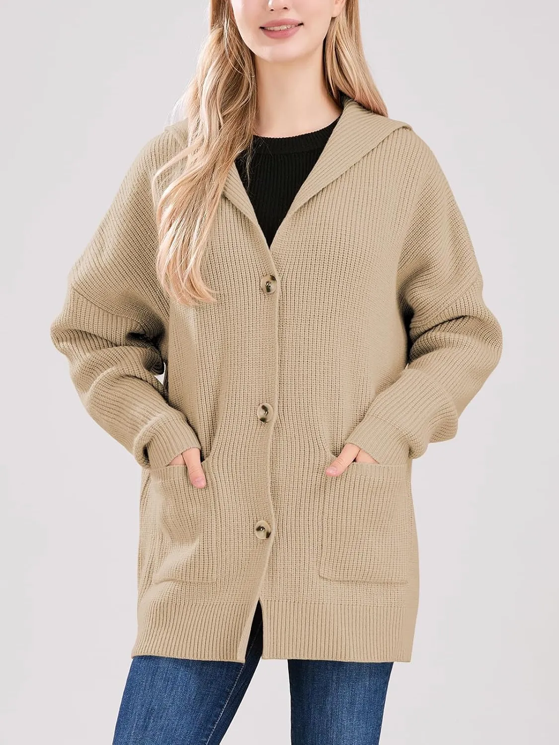 ebossy Women's Oversized Sailor Collar Button Cardigans Chunky Knit Long Sleeve Slouchy Sweaters Coat with Pockets