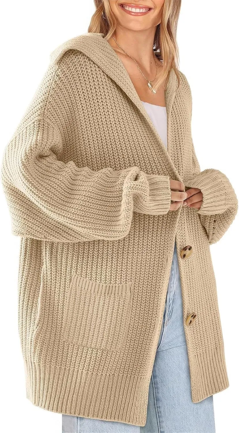 ebossy Women's Oversized Sailor Collar Button Cardigans Chunky Knit Long Sleeve Slouchy Sweaters Coat with Pockets