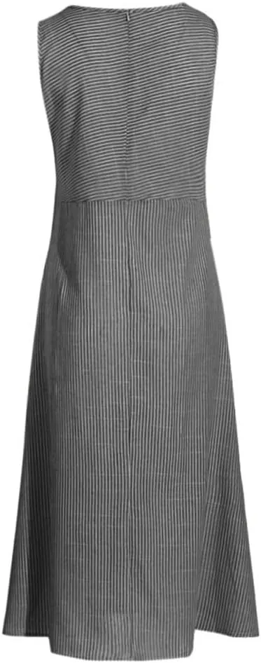 Eduavar Summer Dresses for Women, Linen Dresses for Women 2024 Striped Print Sleeveless Crew Neck Long Dress with Pockets