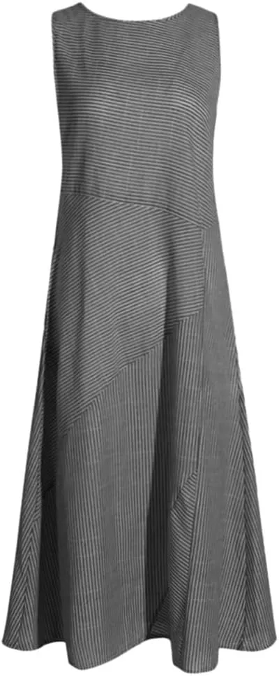 Eduavar Summer Dresses for Women, Linen Dresses for Women 2024 Striped Print Sleeveless Crew Neck Long Dress with Pockets