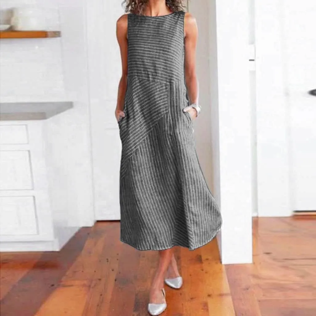 Eduavar Summer Dresses for Women, Linen Dresses for Women 2024 Striped Print Sleeveless Crew Neck Long Dress with Pockets