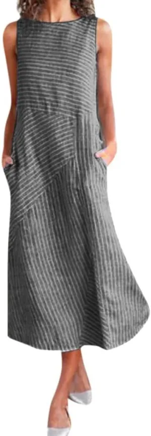 Eduavar Summer Dresses for Women, Linen Dresses for Women 2024 Striped Print Sleeveless Crew Neck Long Dress with Pockets