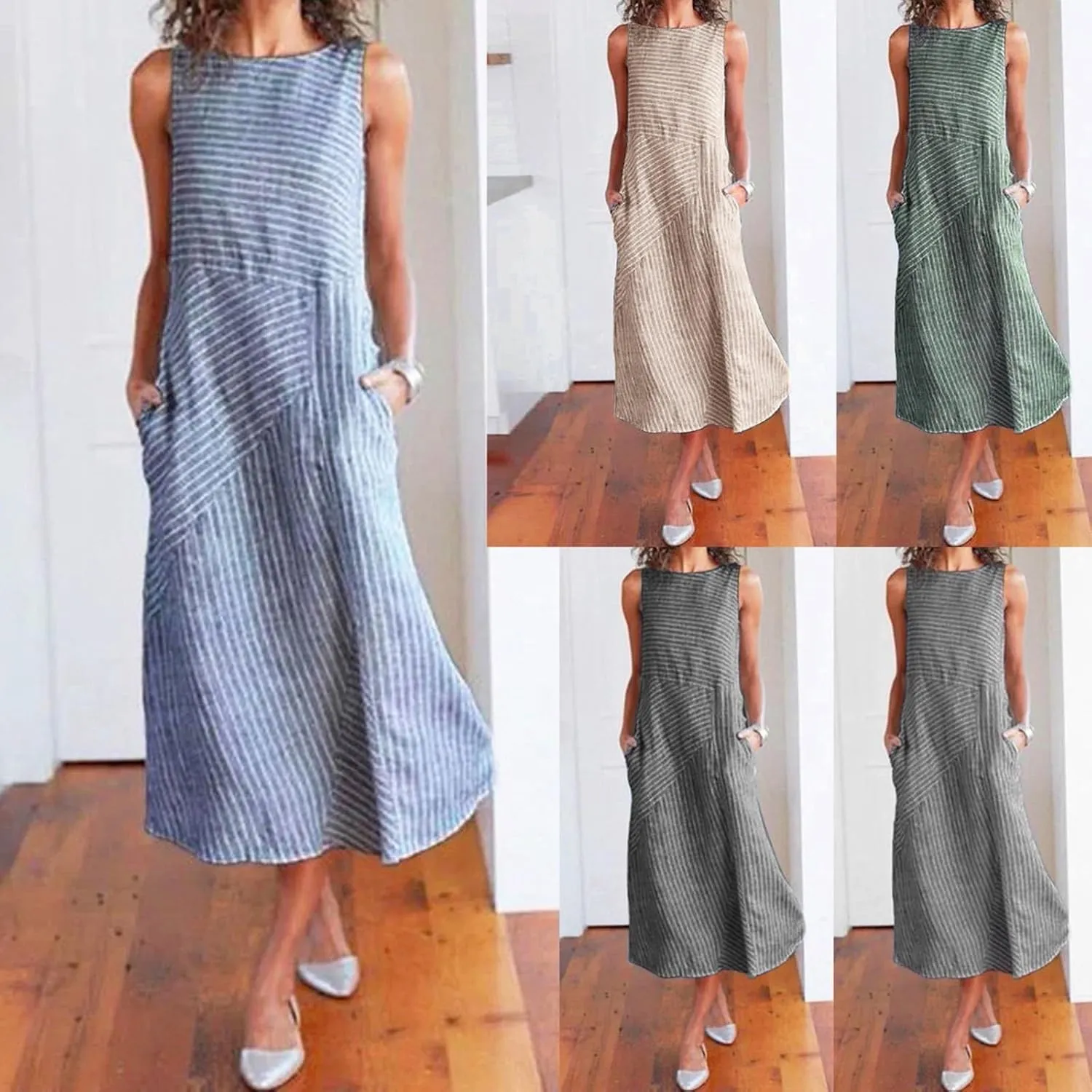 Eduavar Summer Dresses for Women, Linen Dresses for Women 2024 Striped Print Sleeveless Crew Neck Long Dress with Pockets