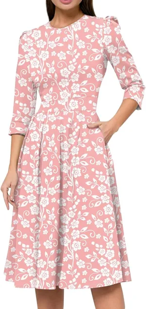Elegant Women's Floral Print A-Line Midi Dress with 3/4 Sleeves Perfect for Casual and Formal Occasions