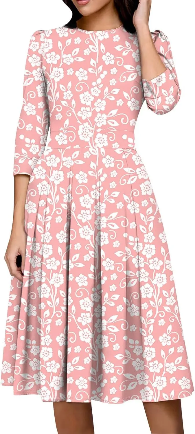 Elegant Women's Floral Print A-Line Midi Dress with 3/4 Sleeves Perfect for Casual and Formal Occasions