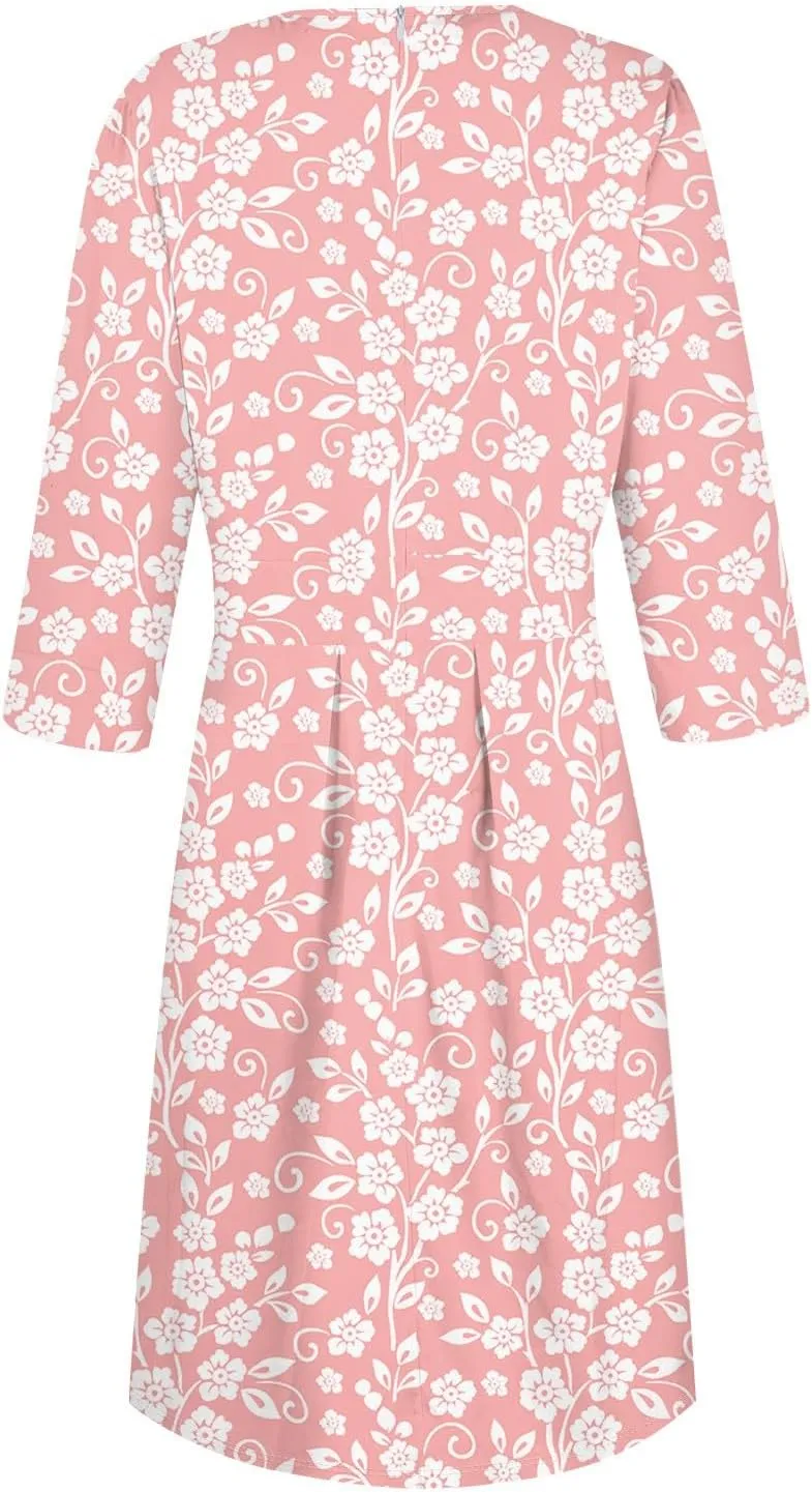 Elegant Women's Floral Print A-Line Midi Dress with 3/4 Sleeves Perfect for Casual and Formal Occasions