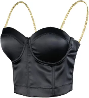ELLACCI Women's Satin Bustier Crop Top with Gold Chain Shoulder Strap Black