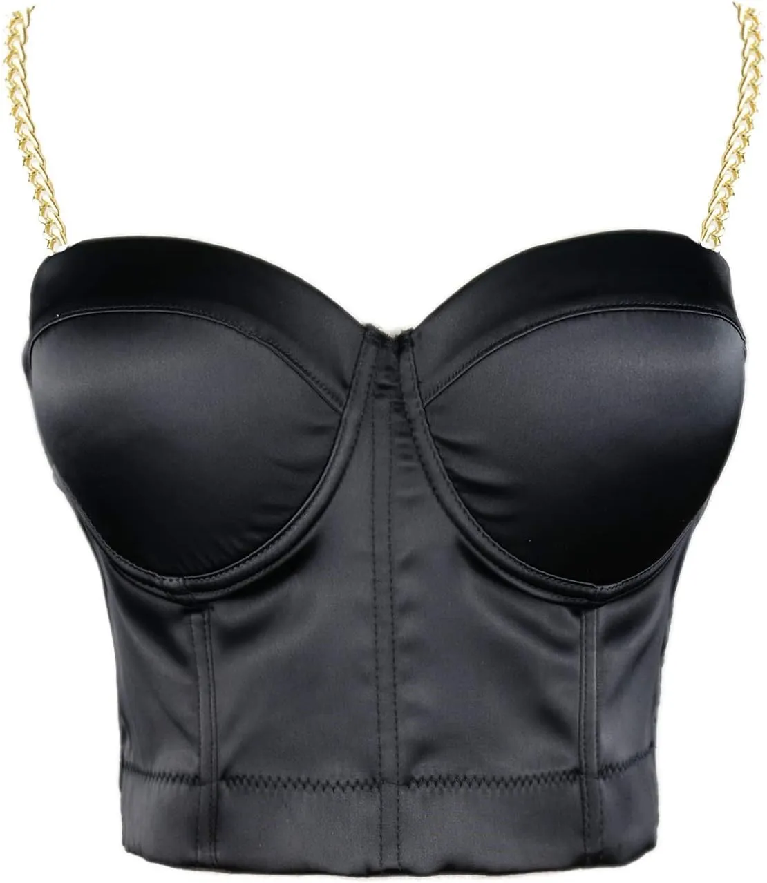 ELLACCI Women's Satin Bustier Crop Top with Gold Chain Shoulder Strap Black