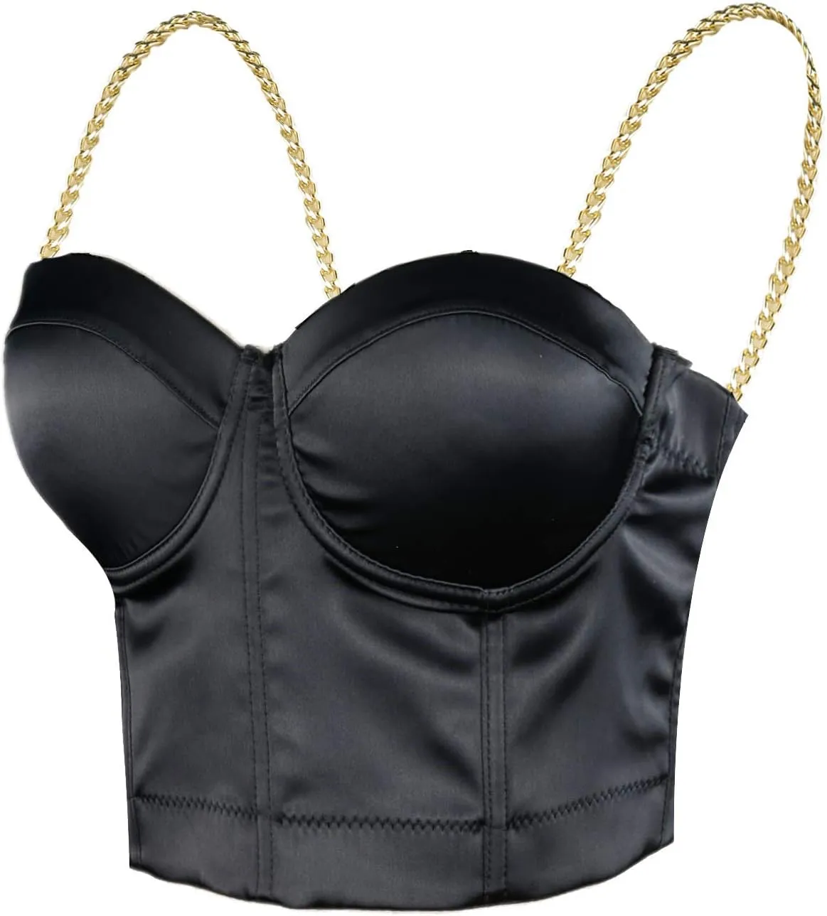 ELLACCI Women's Satin Bustier Crop Top with Gold Chain Shoulder Strap Black