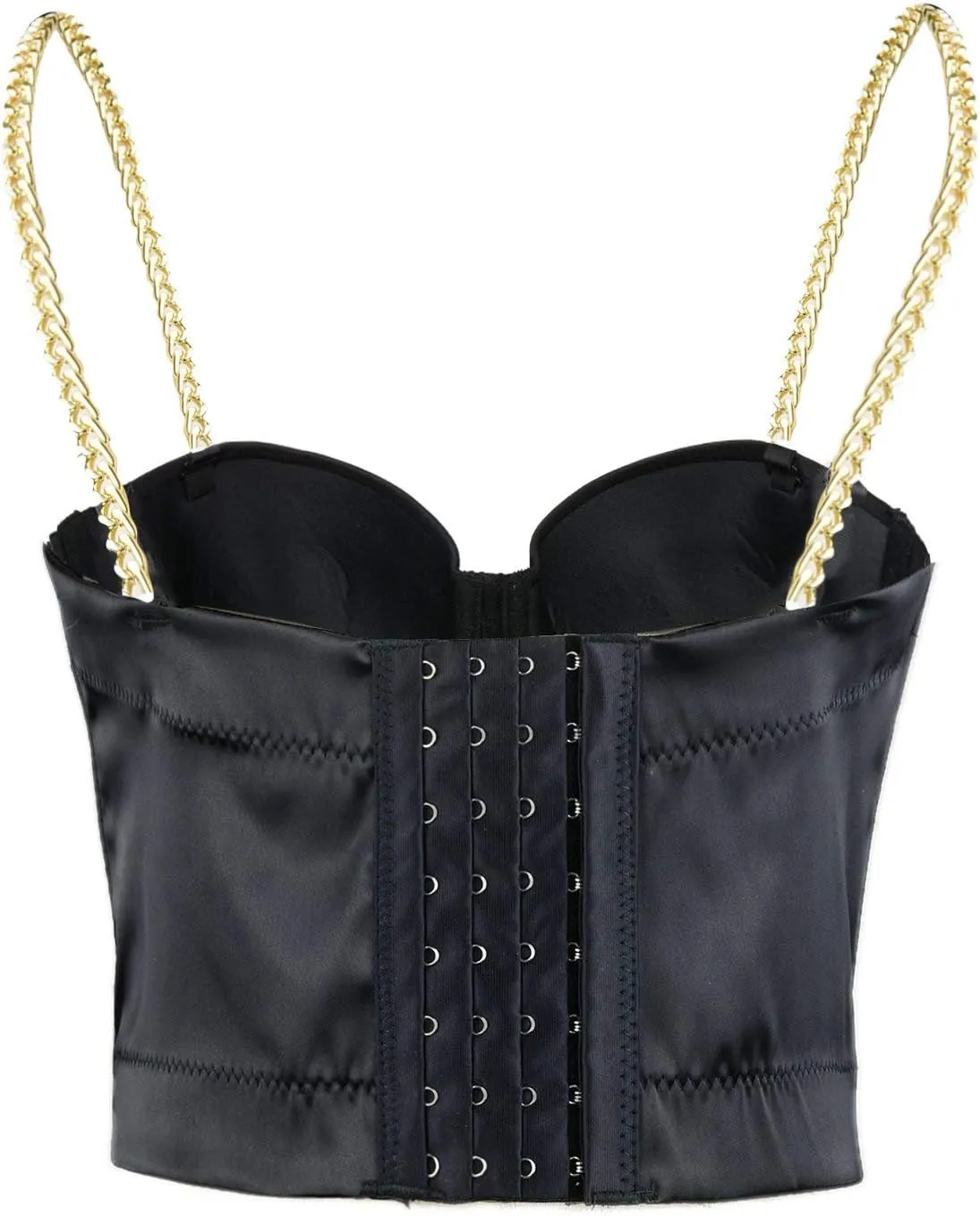 ELLACCI Women's Satin Bustier Crop Top with Gold Chain Shoulder Strap Black