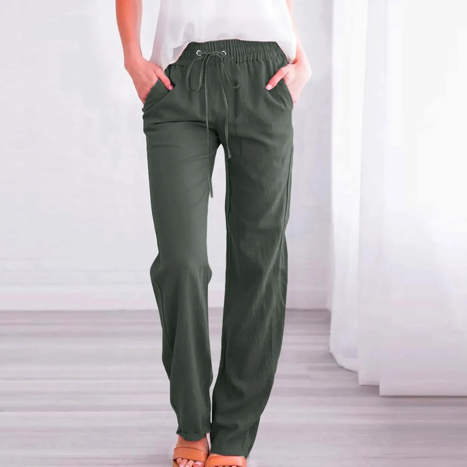 EMRELOD Women Summer High Waisted Cotton Linen Palazzo Pant Wide Leg Long Trousers with Pocket Elastic Drawstring Casual Pant