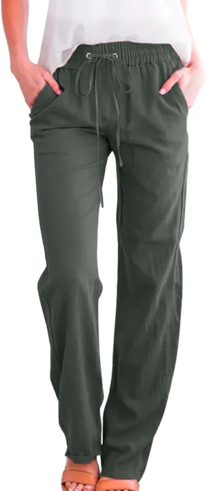 EMRELOD Women Summer High Waisted Cotton Linen Palazzo Pant Wide Leg Long Trousers with Pocket Elastic Drawstring Casual Pant