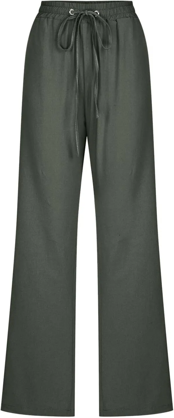 EMRELOD Women Summer High Waisted Cotton Linen Palazzo Pant Wide Leg Long Trousers with Pocket Elastic Drawstring Casual Pant