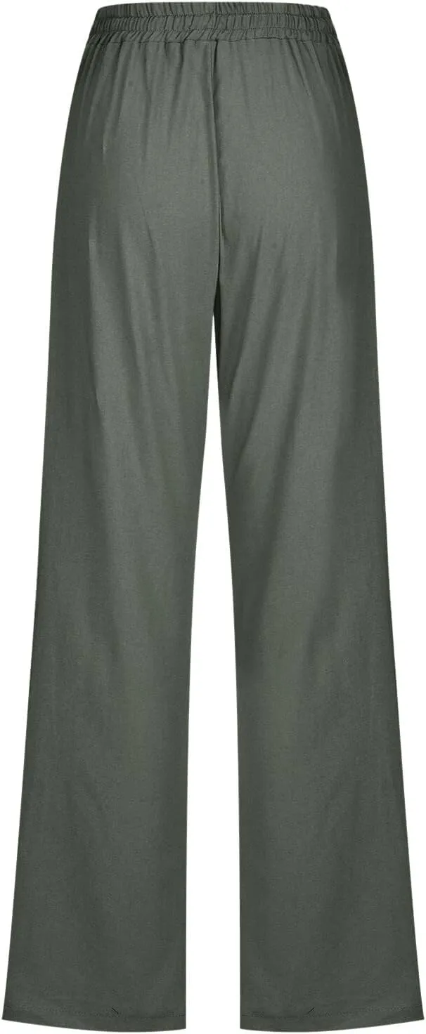 EMRELOD Women Summer High Waisted Cotton Linen Palazzo Pant Wide Leg Long Trousers with Pocket Elastic Drawstring Casual Pant