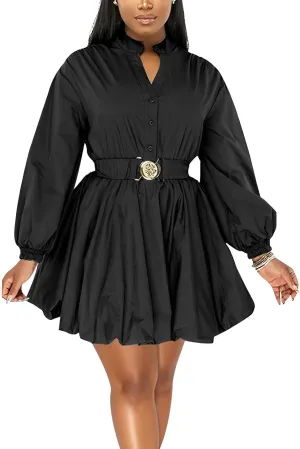 ENOPINK Womens Mini Dress Puff Sleeve Dresses 2025 Button Down Split V Neck High Waist Party Clubwear with Belt