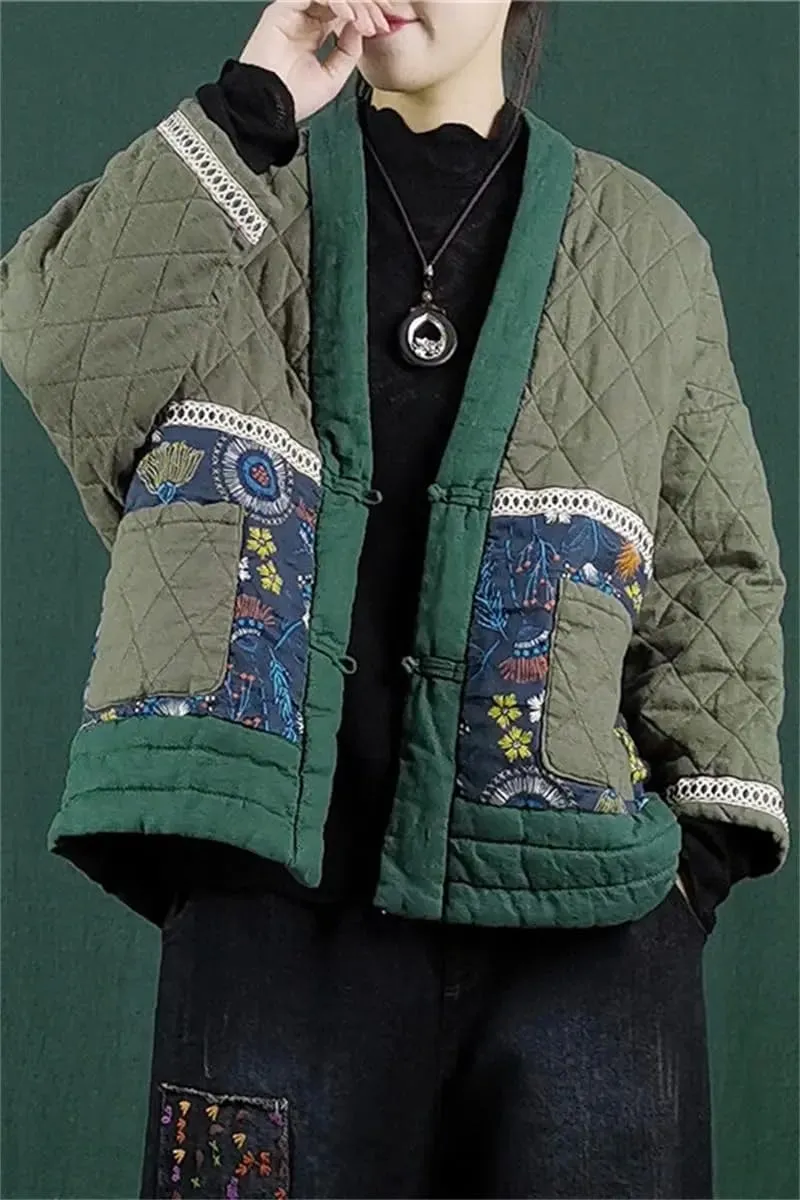 Ethnic Style Women's Cotton Padded Clothes Popular Autumn Winter V-Neck Thin Section Jacket Coat
