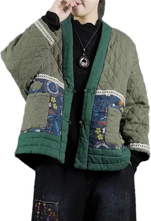 Ethnic Style Women's Cotton Padded Clothes Popular Autumn Winter V-Neck Thin Section Jacket Coat