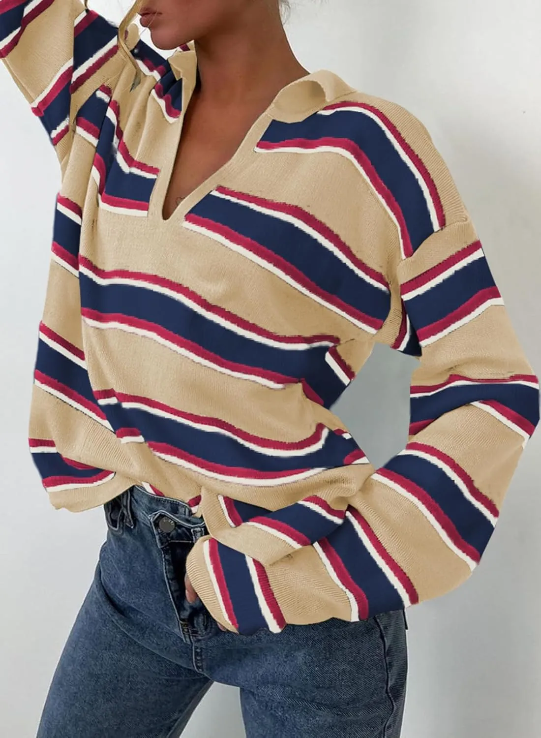EVALESS Sweaters for Women Long Sleeve V Neck Striped Knit Drop Shoulder Fall Jumper 2025 Henley Pullover