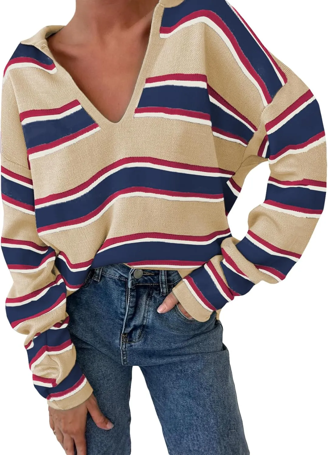 EVALESS Sweaters for Women Long Sleeve V Neck Striped Knit Drop Shoulder Fall Jumper 2025 Henley Pullover