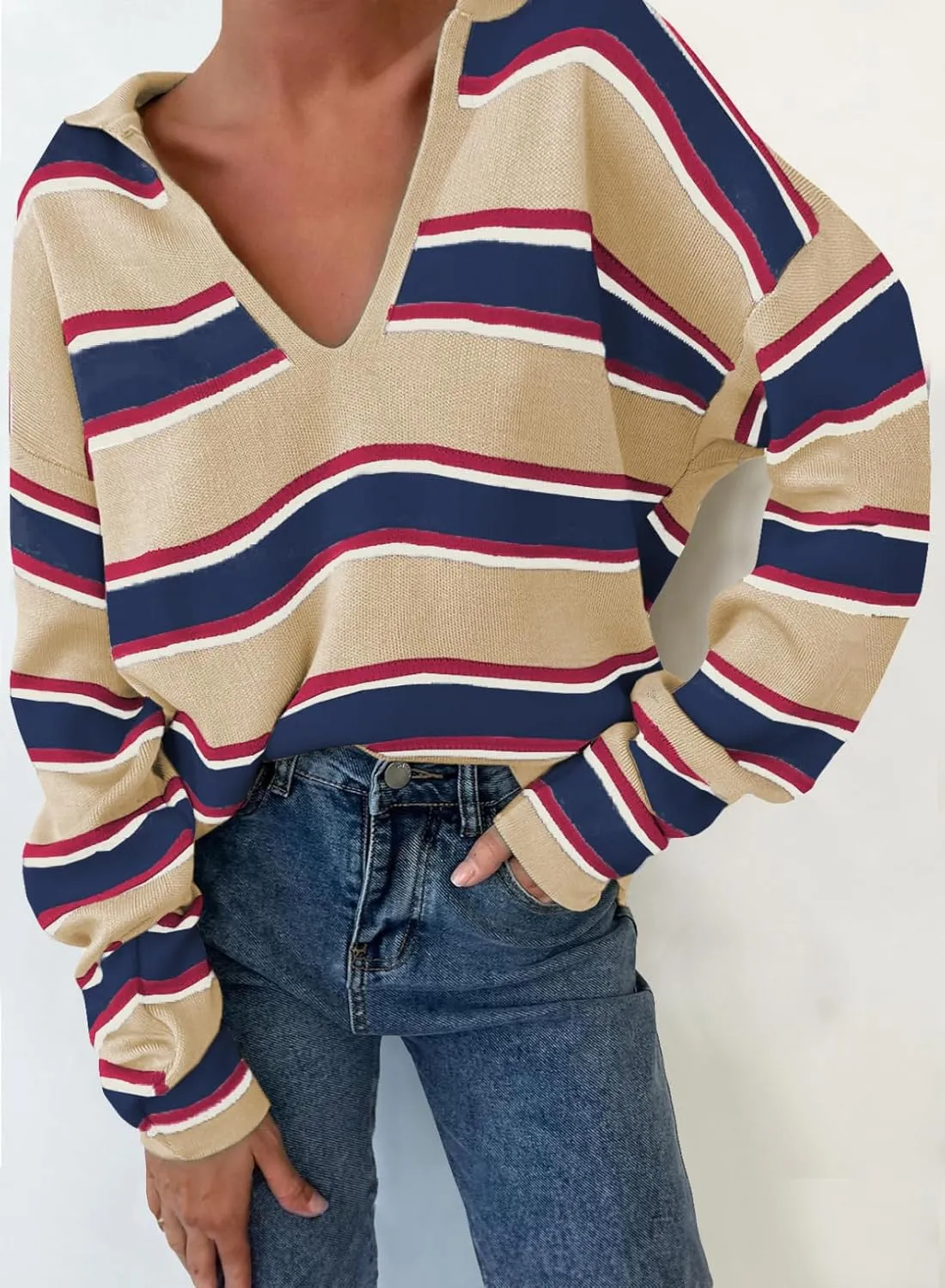 EVALESS Sweaters for Women Long Sleeve V Neck Striped Knit Drop Shoulder Fall Jumper 2025 Henley Pullover