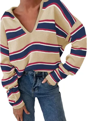 EVALESS Sweaters for Women Long Sleeve V Neck Striped Knit Drop Shoulder Fall Jumper 2025 Henley Pullover