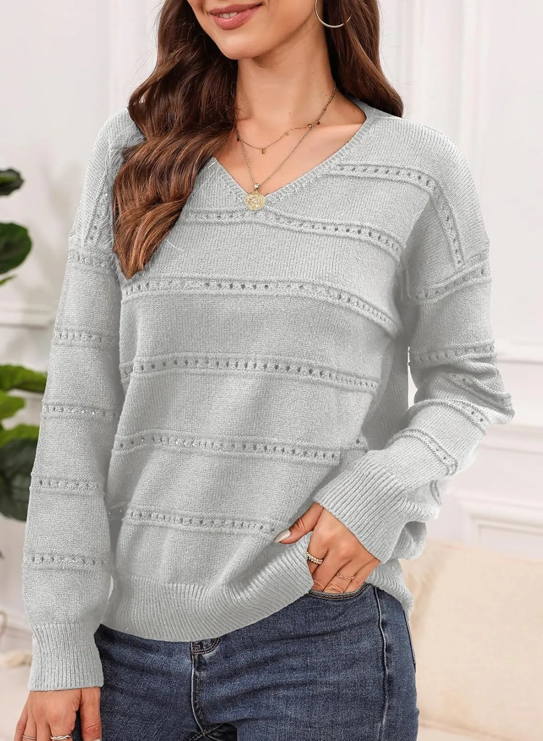 EVALESS Women's Crochet Sweater Top Hollow Out Long Sleeve Pullover Tops Spring Fall Clothes