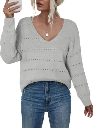 EVALESS Women's Crochet Sweater Top Hollow Out Long Sleeve Pullover Tops Spring Fall Clothes