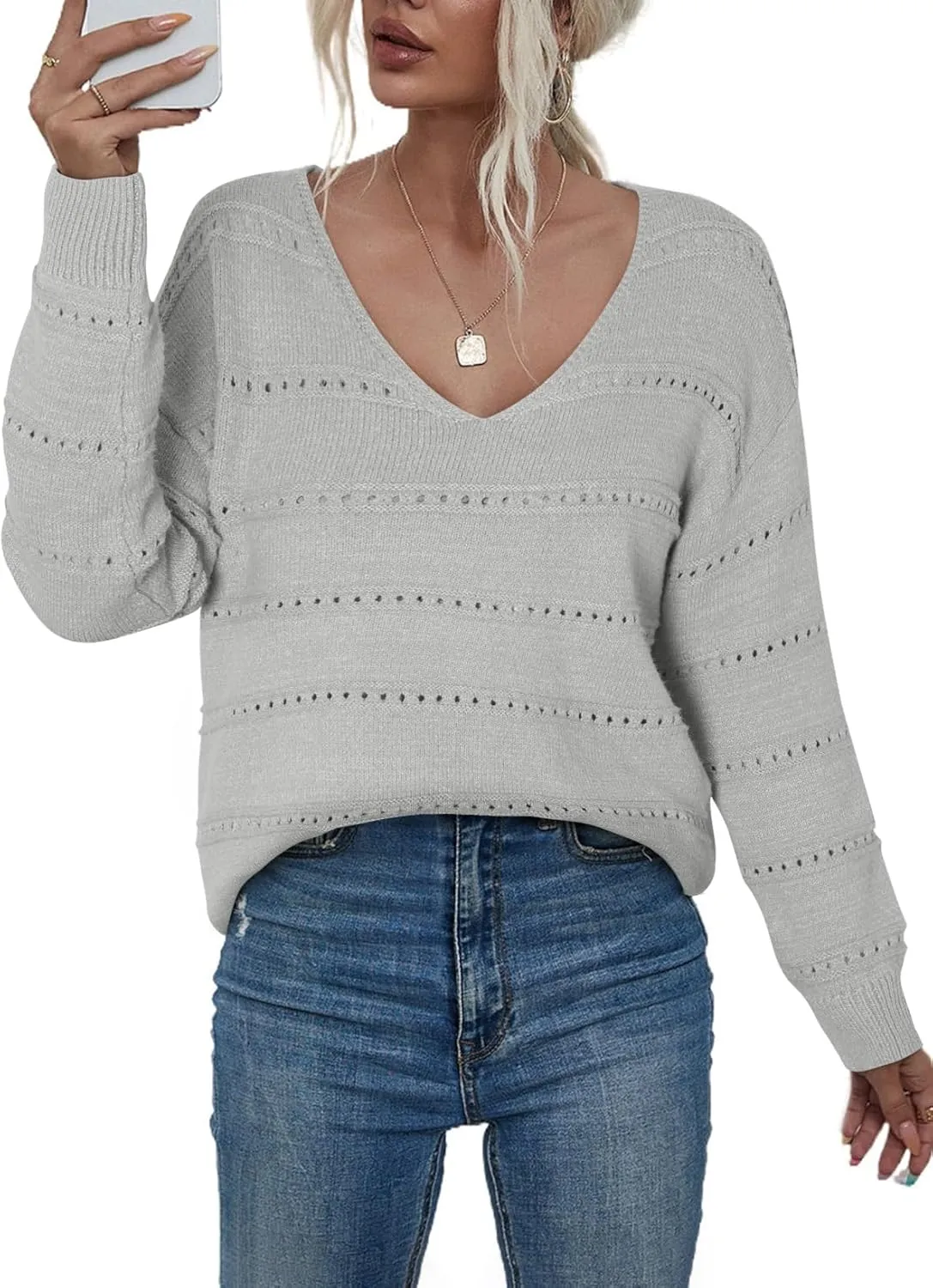 EVALESS Women's Crochet Sweater Top Hollow Out Long Sleeve Pullover Tops Spring Fall Clothes