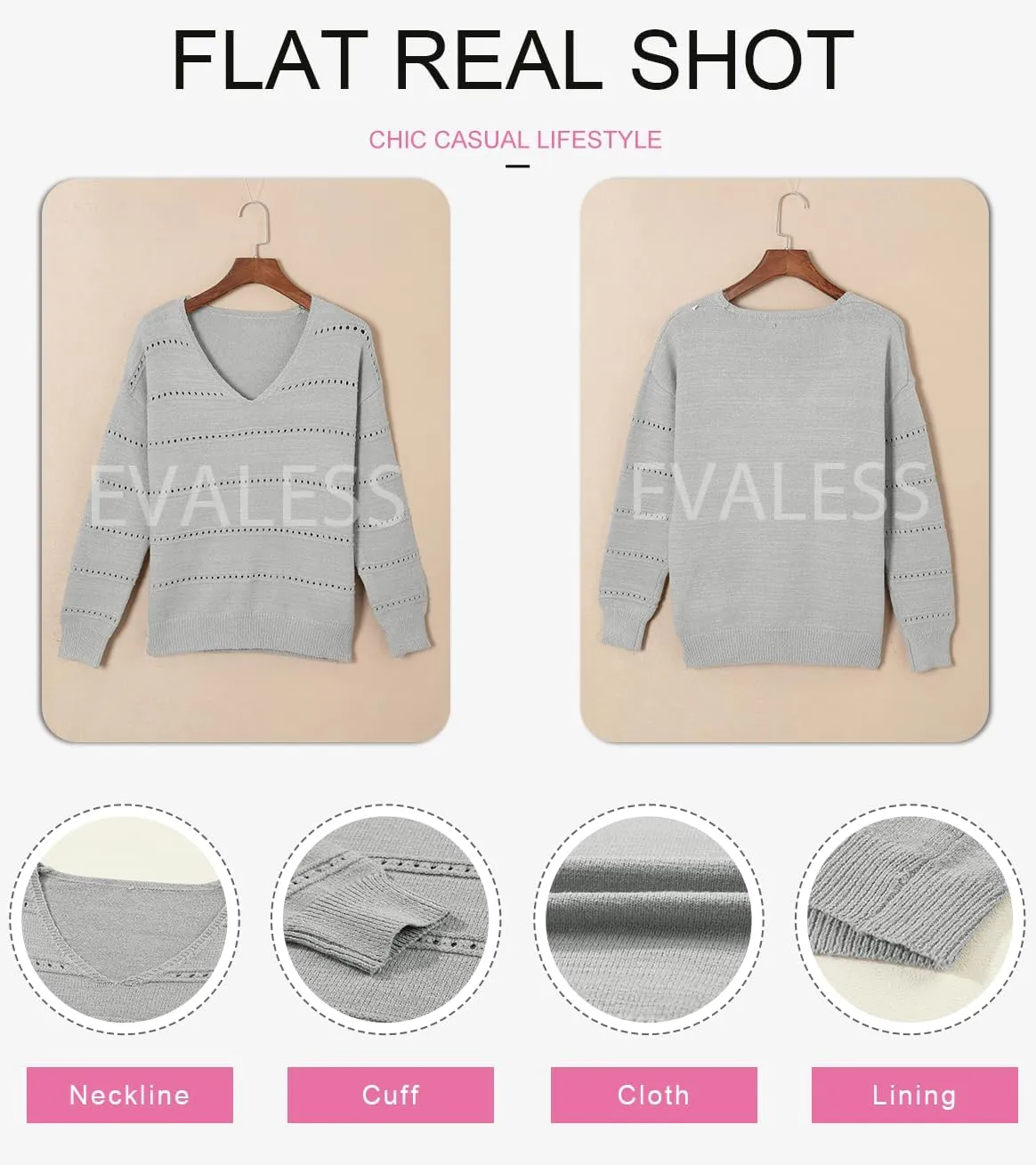 EVALESS Women's Crochet Sweater Top Hollow Out Long Sleeve Pullover Tops Spring Fall Clothes